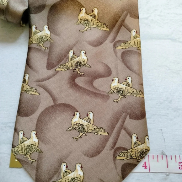 Kai Long Silk Tie Necktie Tan Brown Abstract Birds Handmade 56x4. B - Picture 5 of 7